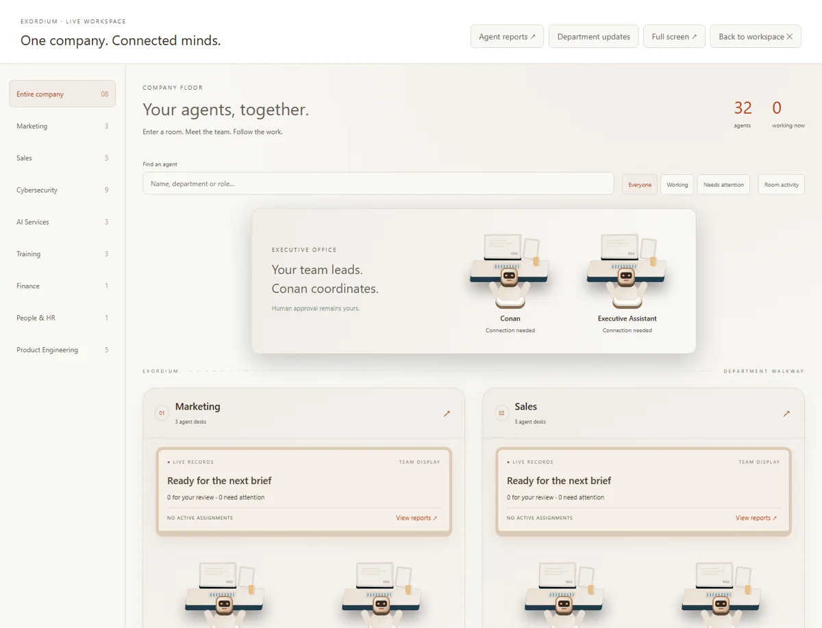 Conan agent workspace showing departments and assignments
